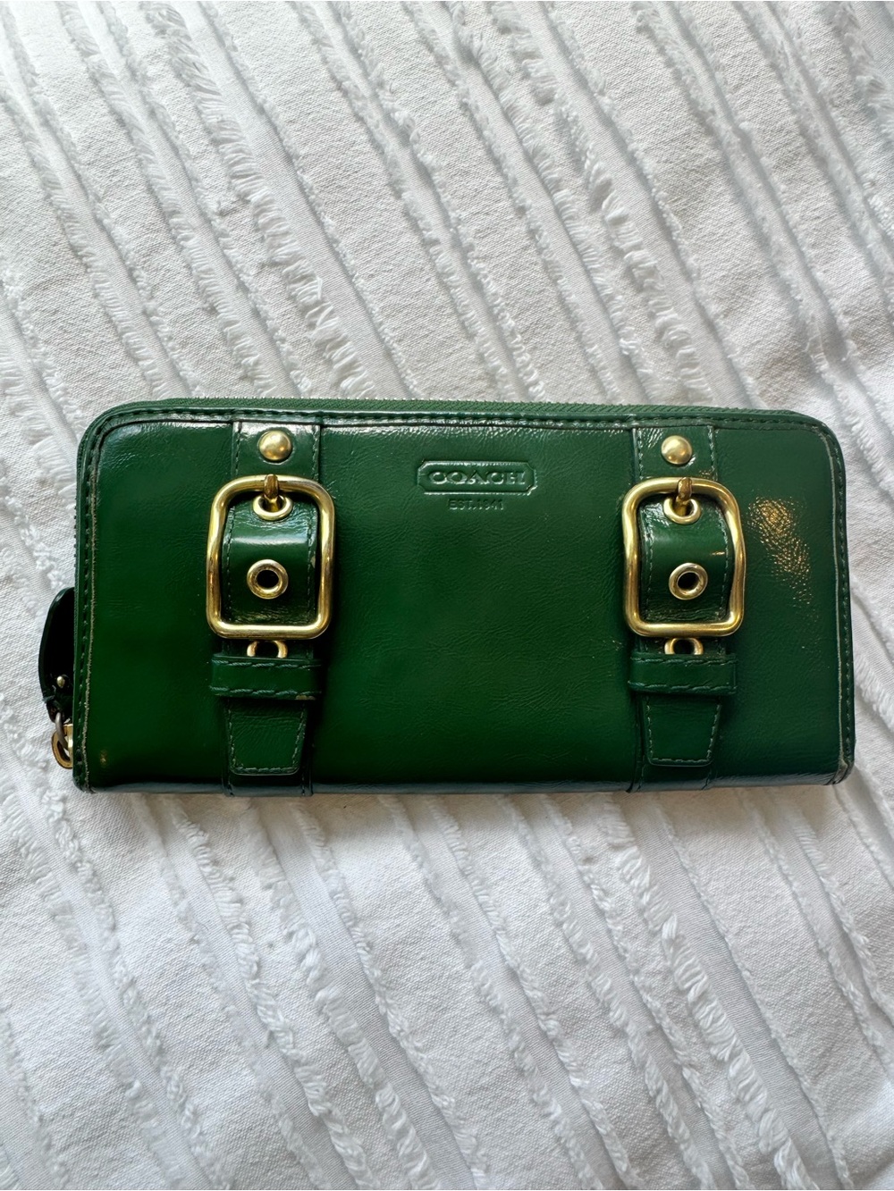 COACH Green Leather Zip Wallet with Gold Buckles